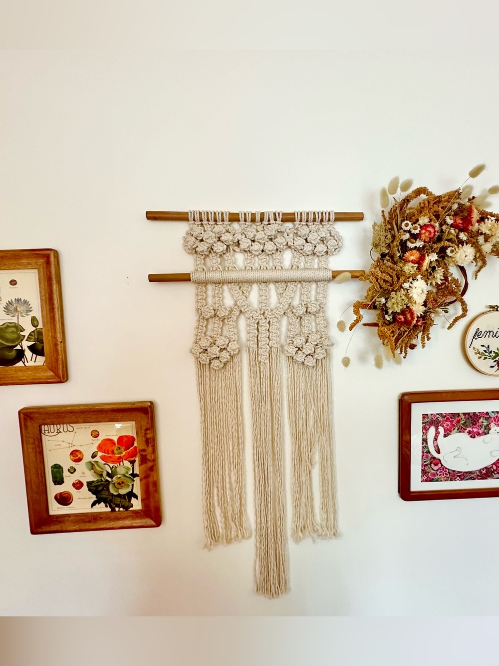 Hand Crafted Cream Macramé Wall Tapestry on Bamboo